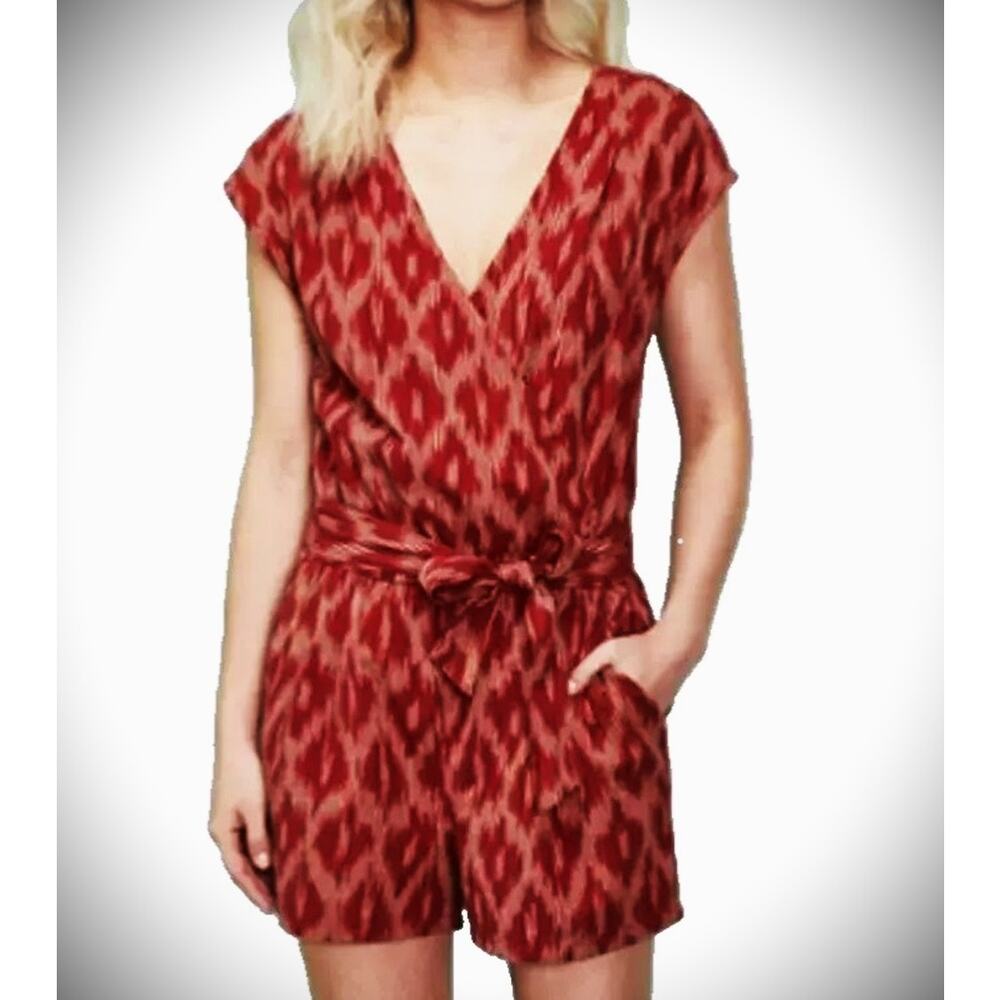 Toad&Co Shakti Romper Womens M Rust Ikat Organic Stretch Tie‎ Waist Faux Wrap